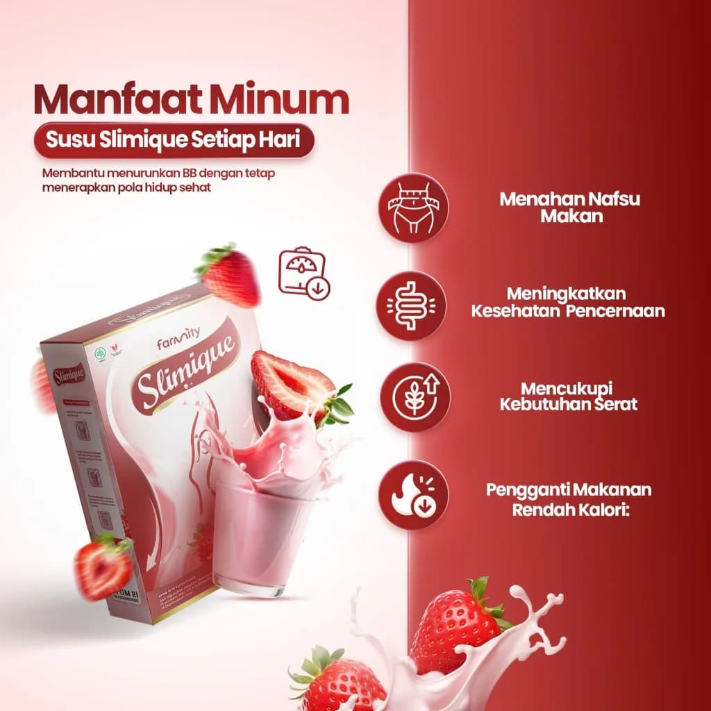 SLIMIQUE Susu Rasa Strawberry 200gr - Susu Rendah Kalori Bantu Turunkan BB, Meal Replacement Kenyang Lebih Lama, BPOM HALAL, gambar kedua